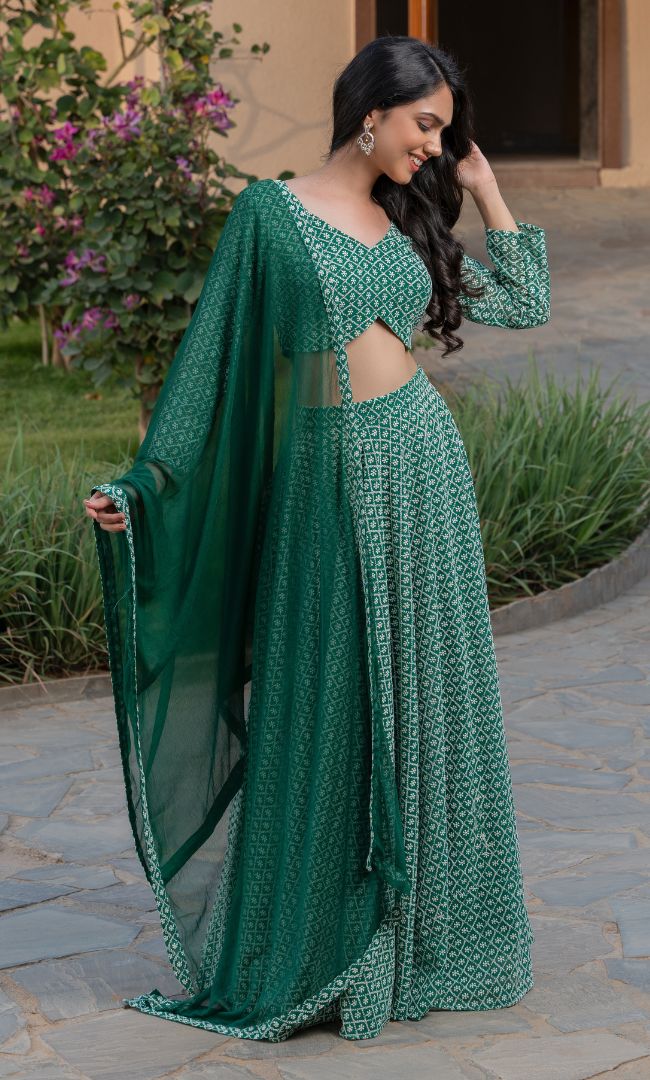 FOREST GREEN CHIKANAKRI LEHENGA SET