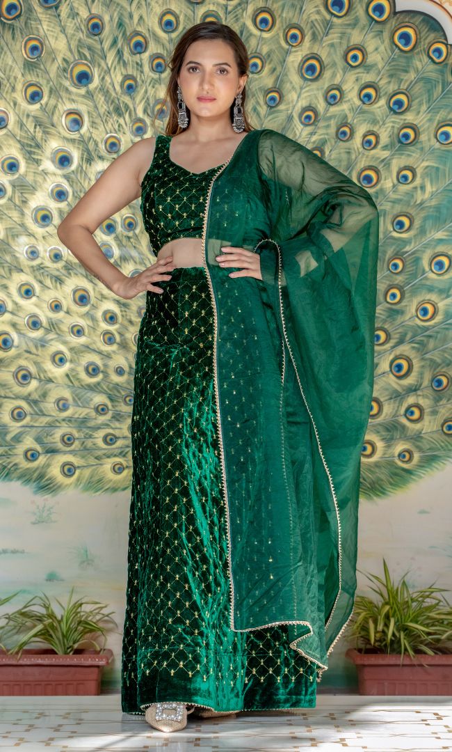 COBALT GREEN CROSS SEQURNCE VELVET LEHENGA SET