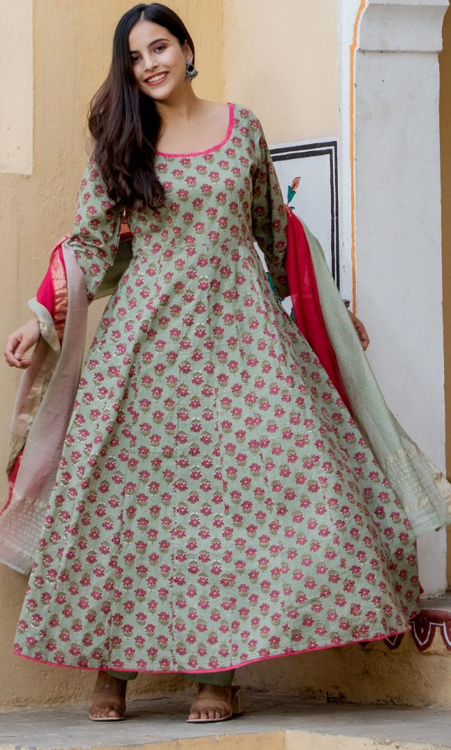 OLIVE GREEN LOOP ANARKALI KURTA PANT WITH DUPATTA SET