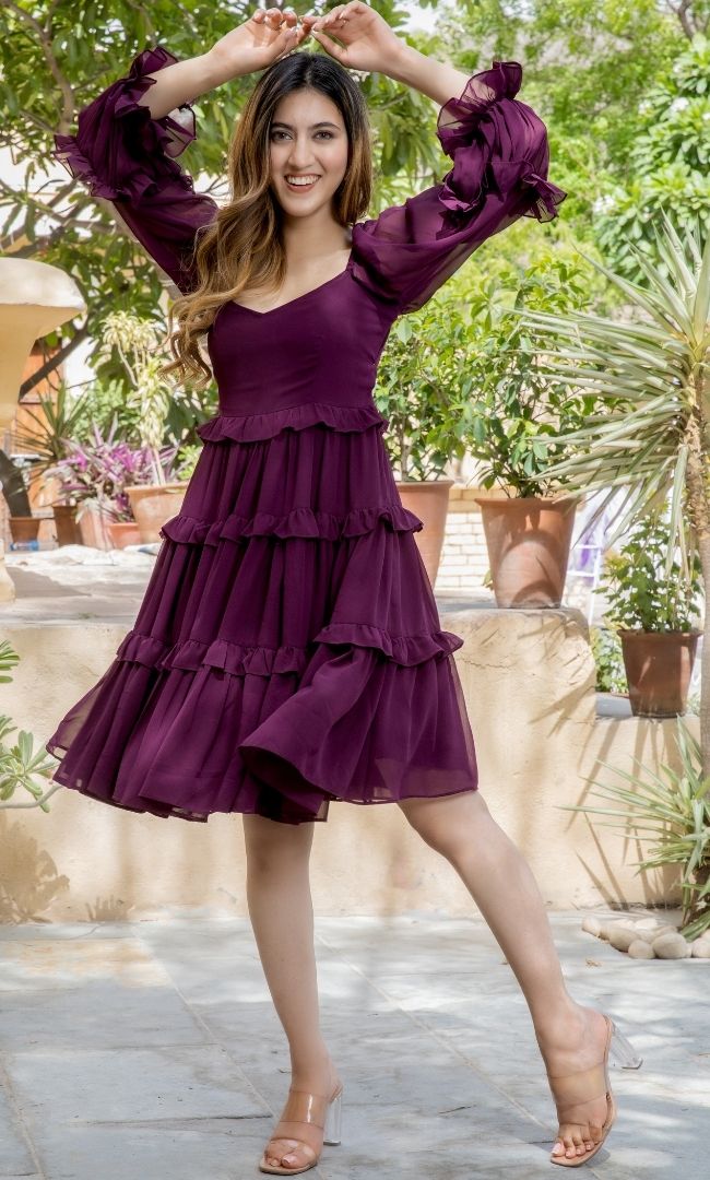 DARK GRAPE RUFFLE TIRED MINI DRESS