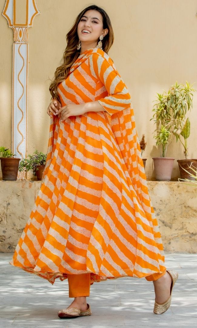 ORANGE TANGO LEHERIYA KALIDAR KURTA PANT WITH DUPATTA SET