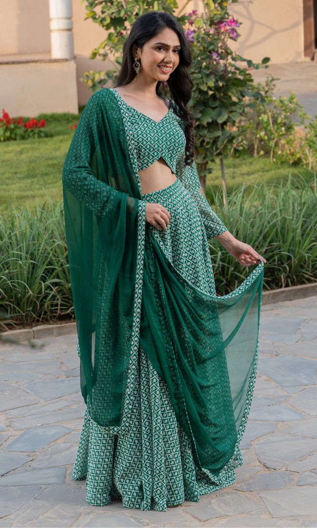 FOREST GREEN CHIKANAKRI LEHENGA SET