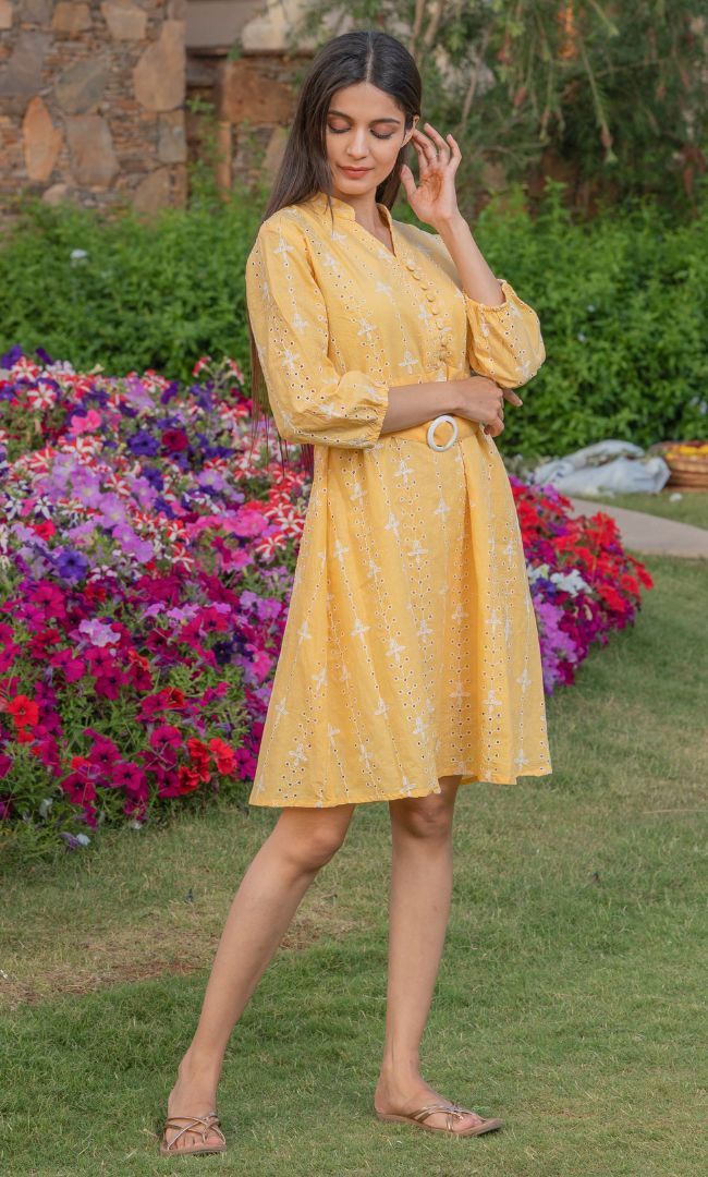 CANARY YELLOW CUT WORK DRESS