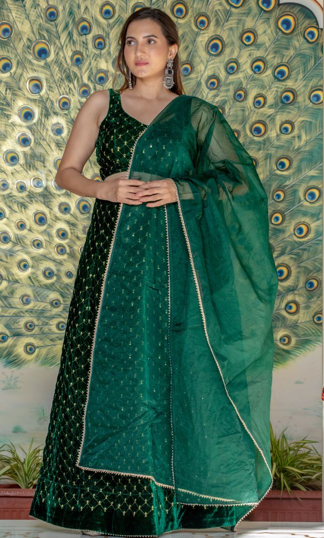 COBALT GREEN CROSS SEQURNCE VELVET LEHENGA SET