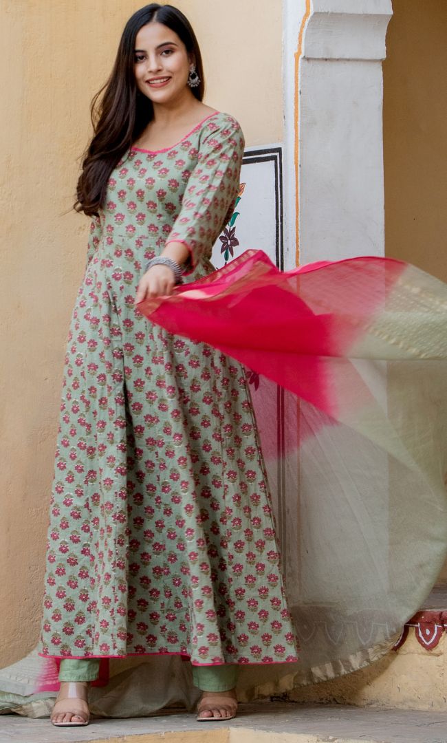 OLIVE GREEN LOOP ANARKALI KURTA PANT WITH DUPATTA SET