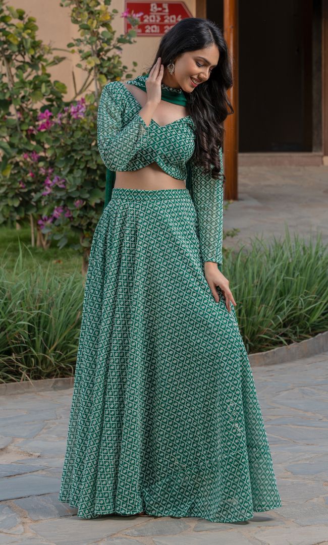 FOREST GREEN CHIKANAKRI LEHENGA SET