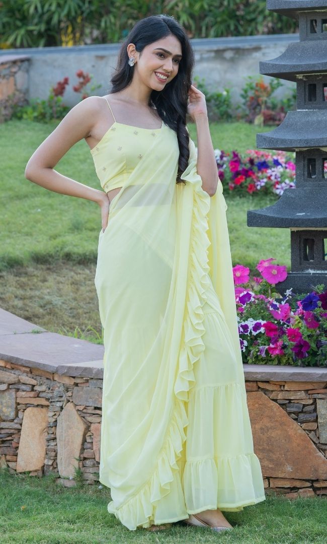 LEMON YELLOW RUFFLE SHARARA SAREE