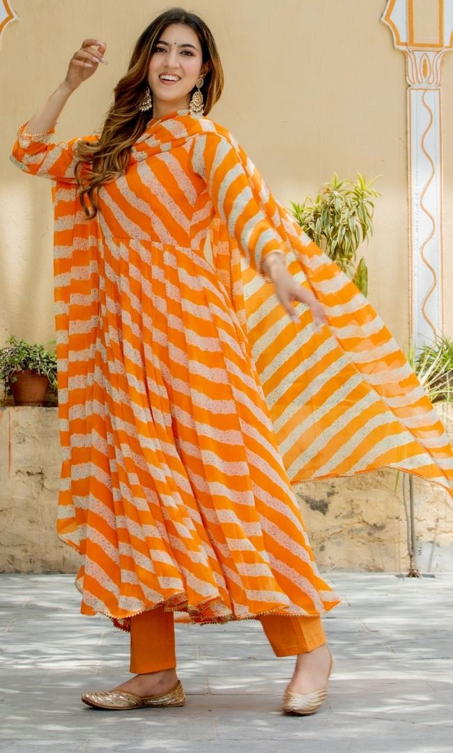 ORANGE TANGO LEHERIYA KALIDAR KURTA PANT WITH DUPATTA SET