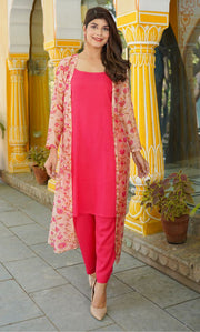 RUBY PINK SOLID KURTA PANT WITH FLORAL ORGANZA SHRUG SET