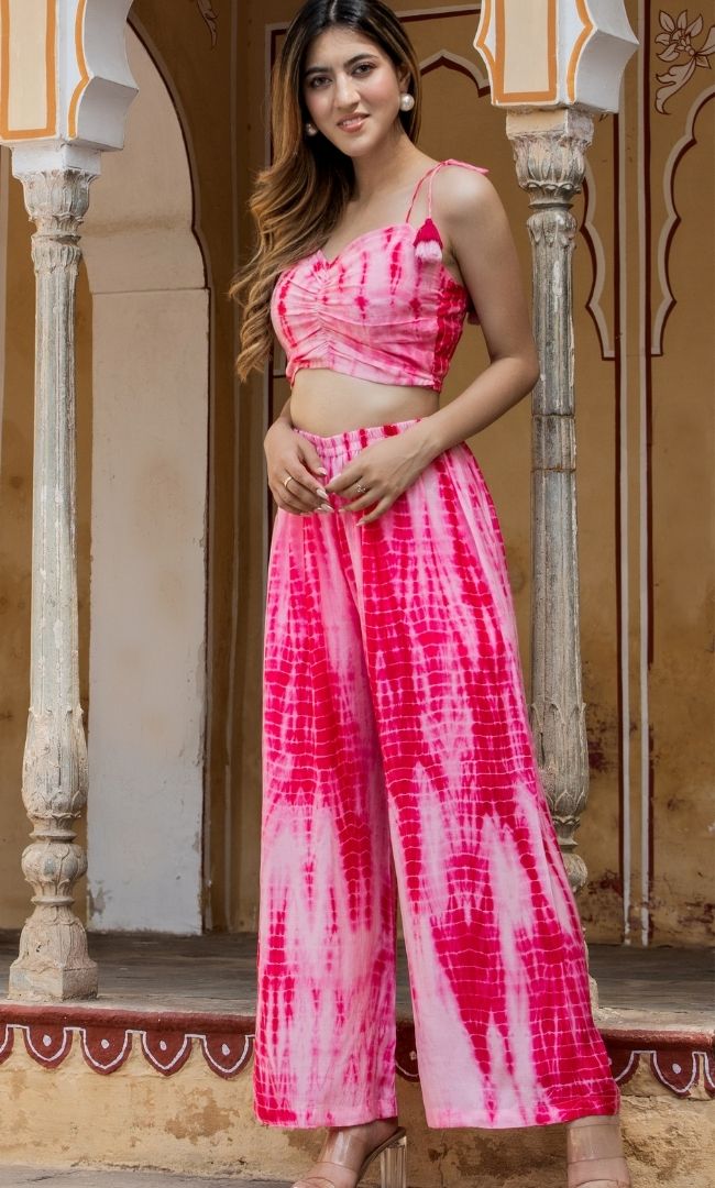PINK SHIBORI CROP TOP TROUSERS SET