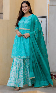 OCEAN BLUE BANDHEJ KURTA SHARARA WITH DUPATTA SET