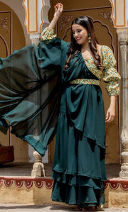 BASIL GREEN GEORGETTE RUFFLE SAREE WITH MARIE SLEEVES BACKLESS BLOUSE
