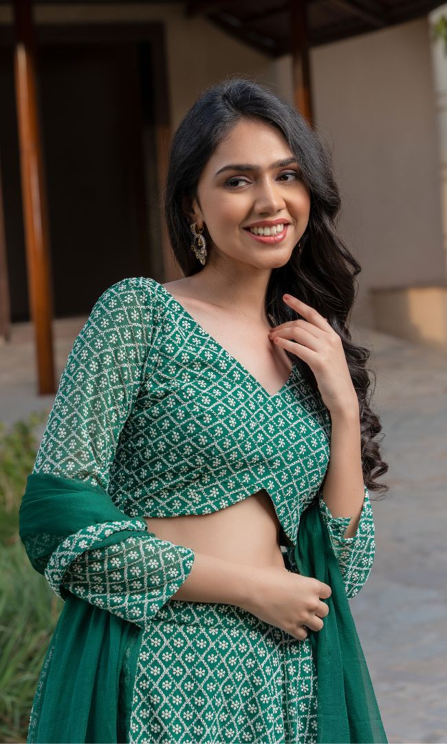 FOREST GREEN CHIKANAKRI LEHENGA SET