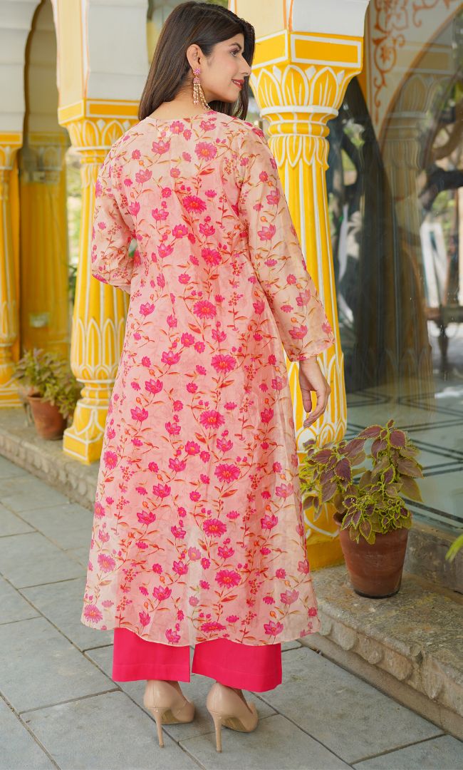 RUBY PINK SOLID KURTA PANT WITH FLORAL ORGANZA SHRUG SET