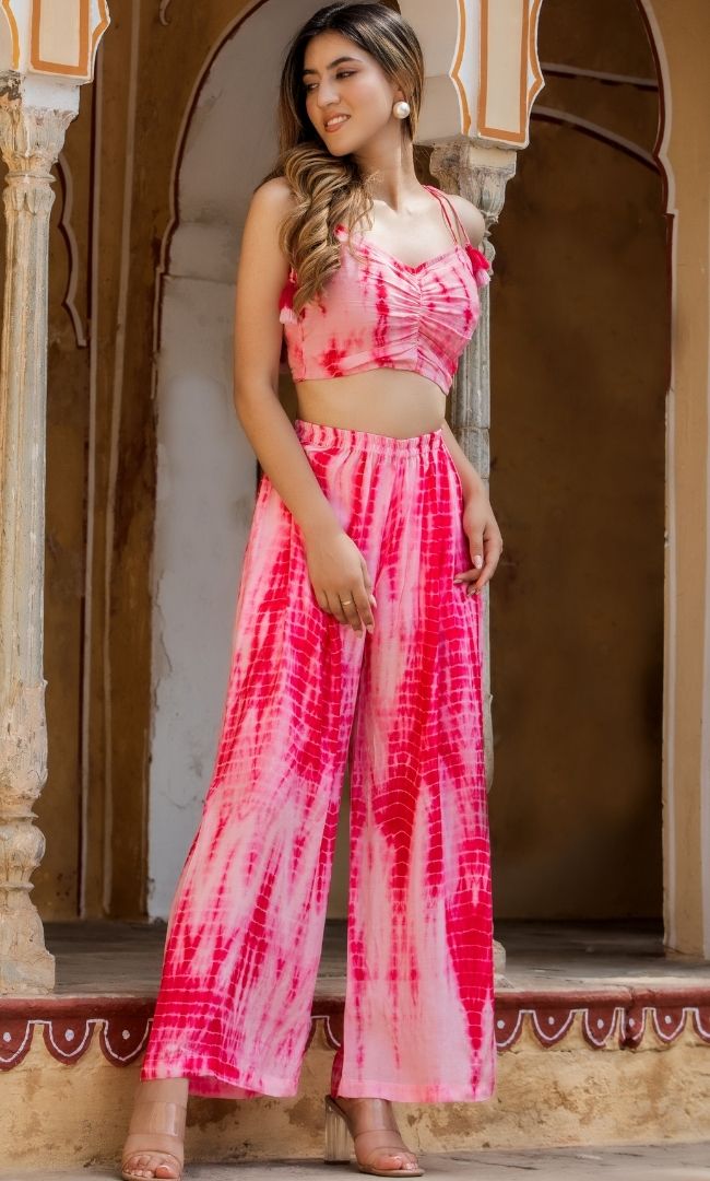 PINK SHIBORI CROP TOP TROUSERS SET