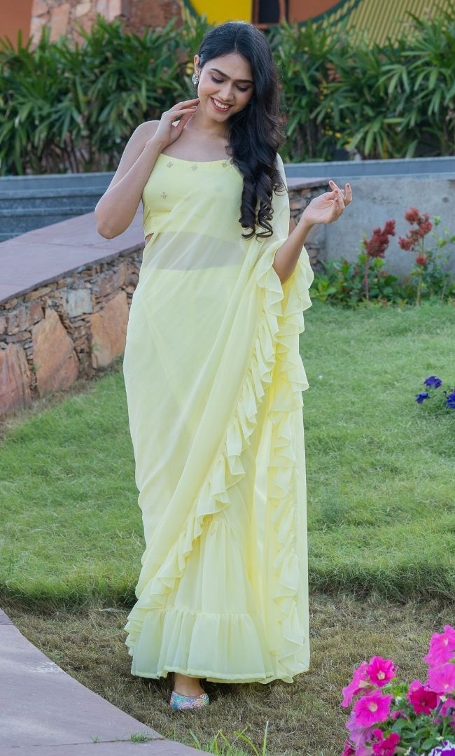 LEMON YELLOW RUFFLE SHARARA SAREE
