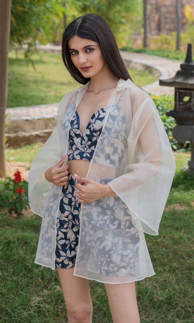 NAVY BLUE FLORAL SHRUG SET