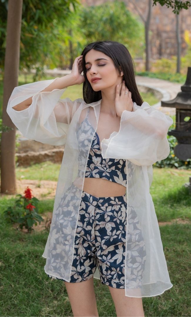NAVY BLUE FLORAL SHRUG SET