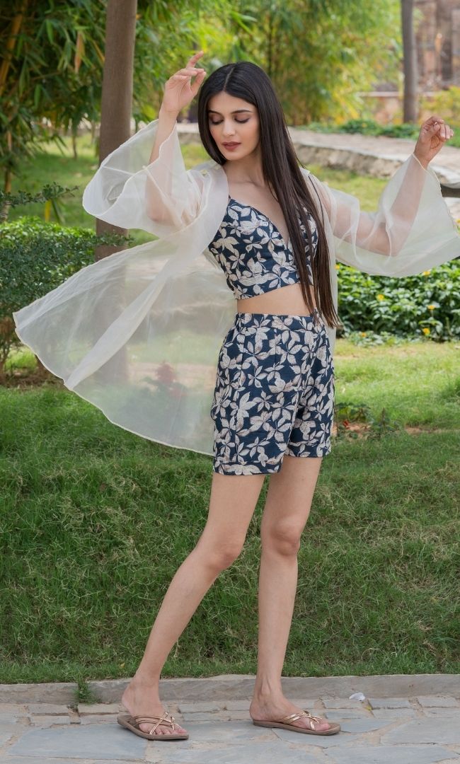 NAVY BLUE FLORAL SHRUG SET