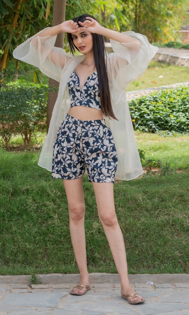 NAVY BLUE FLORAL SHRUG SET