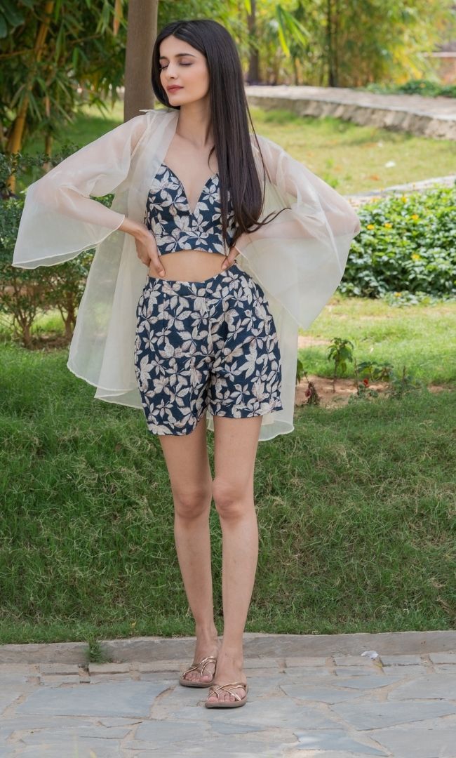 NAVY BLUE FLORAL SHRUG SET