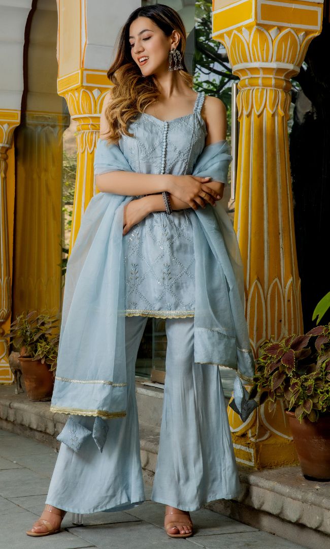 SMOKY GREY SEQUENCE KURTA PALAZZO PANT WITH DUPATTA SET