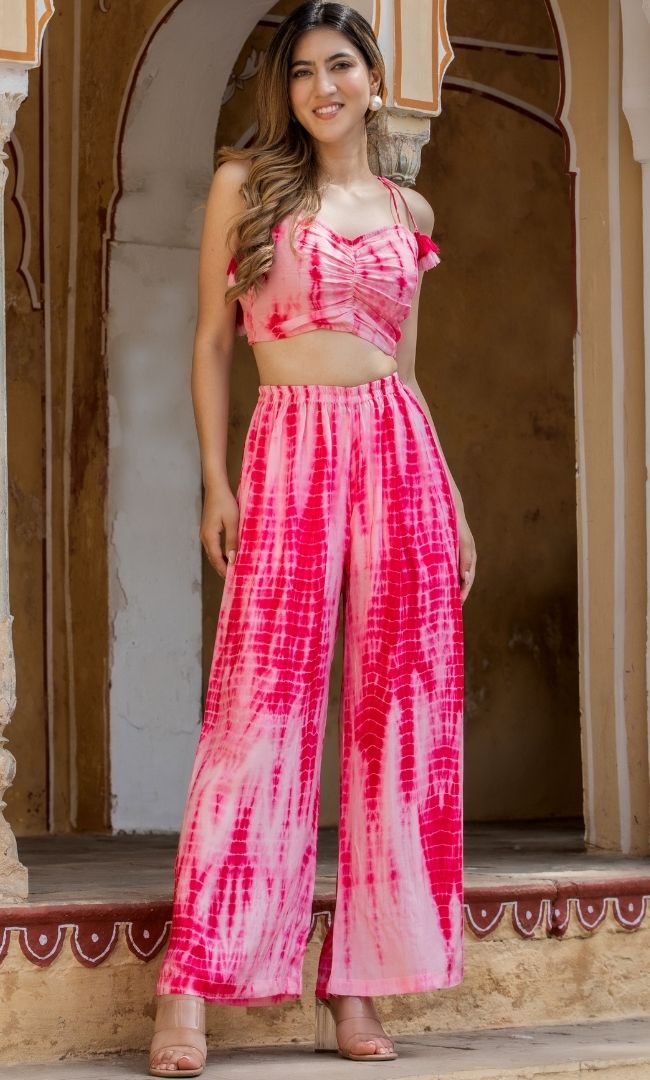 PINK SHIBORI CROP TOP TROUSERS SET