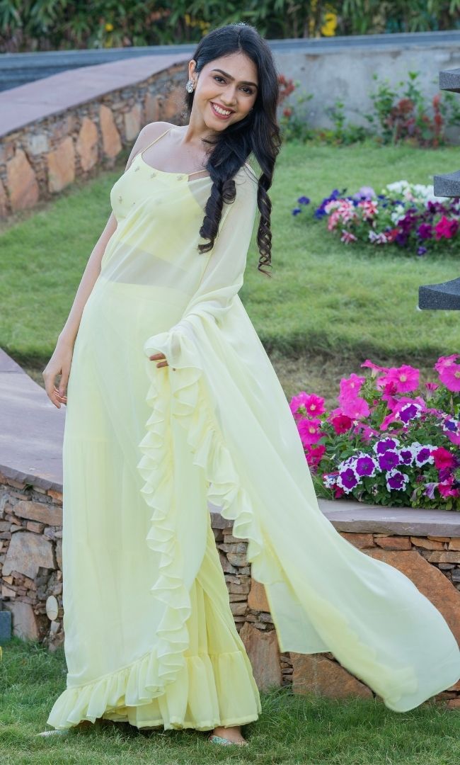 LEMON YELLOW RUFFLE SHARARA SAREE