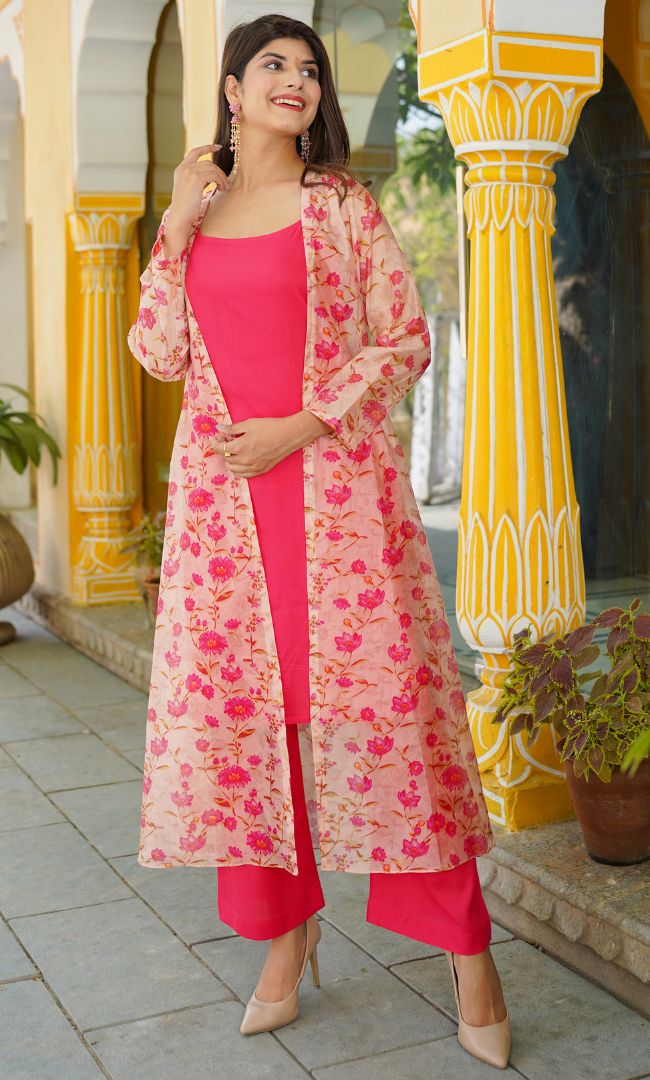 RUBY PINK SOLID KURTA PANT WITH FLORAL ORGANZA SHRUG SET