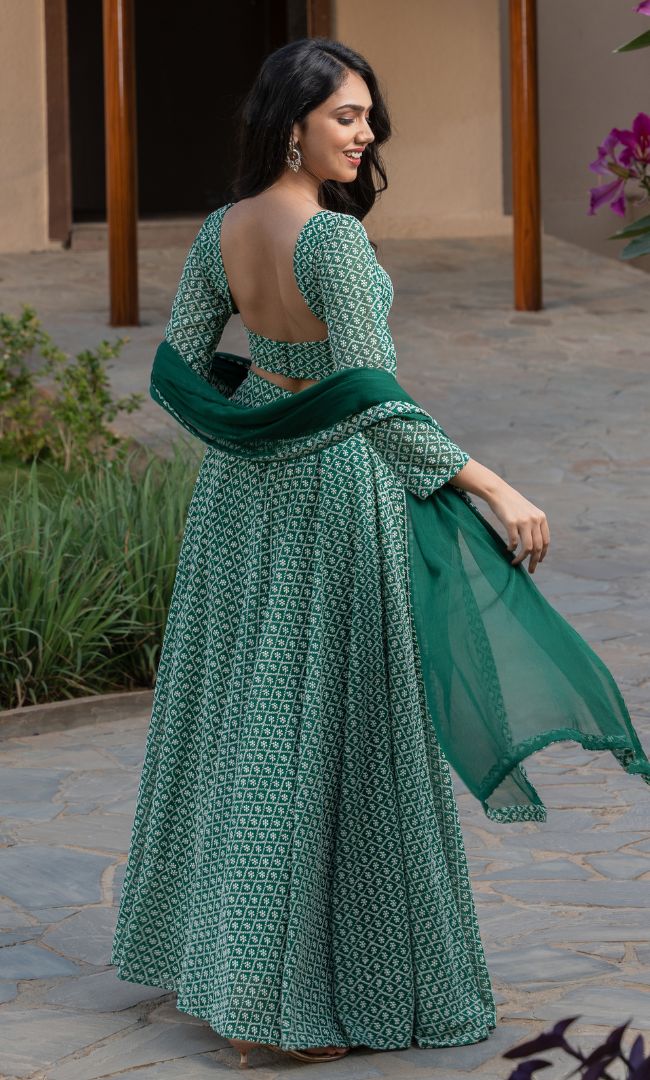 FOREST GREEN CHIKANAKRI LEHENGA SET