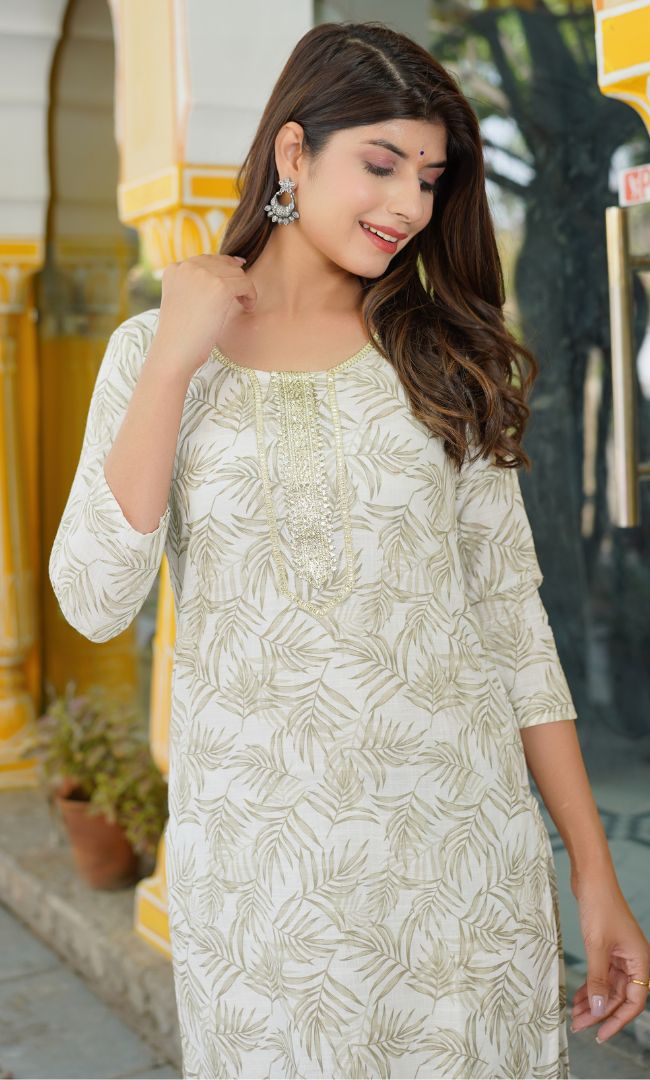 OFF WHITE FERN PETAL PRINTED KURTI