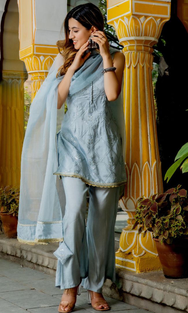 SMOKY GREY SEQUENCE KURTA PALAZZO PANT WITH DUPATTA SET