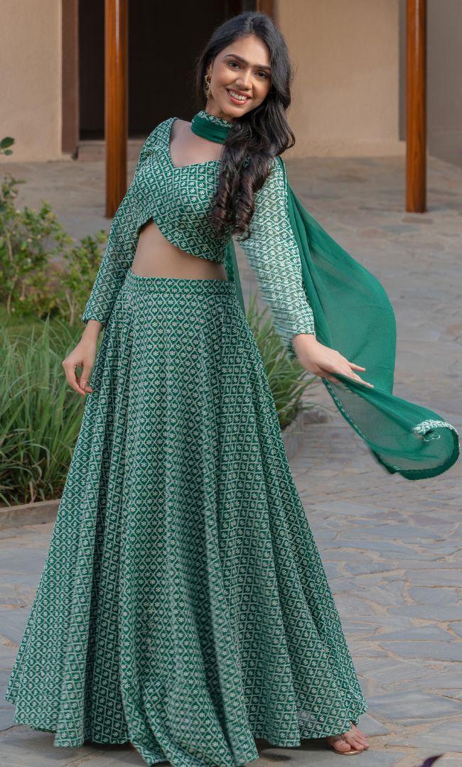 FOREST GREEN CHIKANAKRI LEHENGA SET