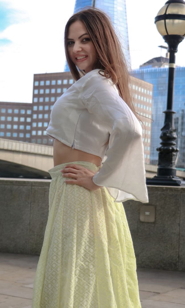 LIGHT YELLOW CHIKANKARI SKIRT WITH CROP TOP SET