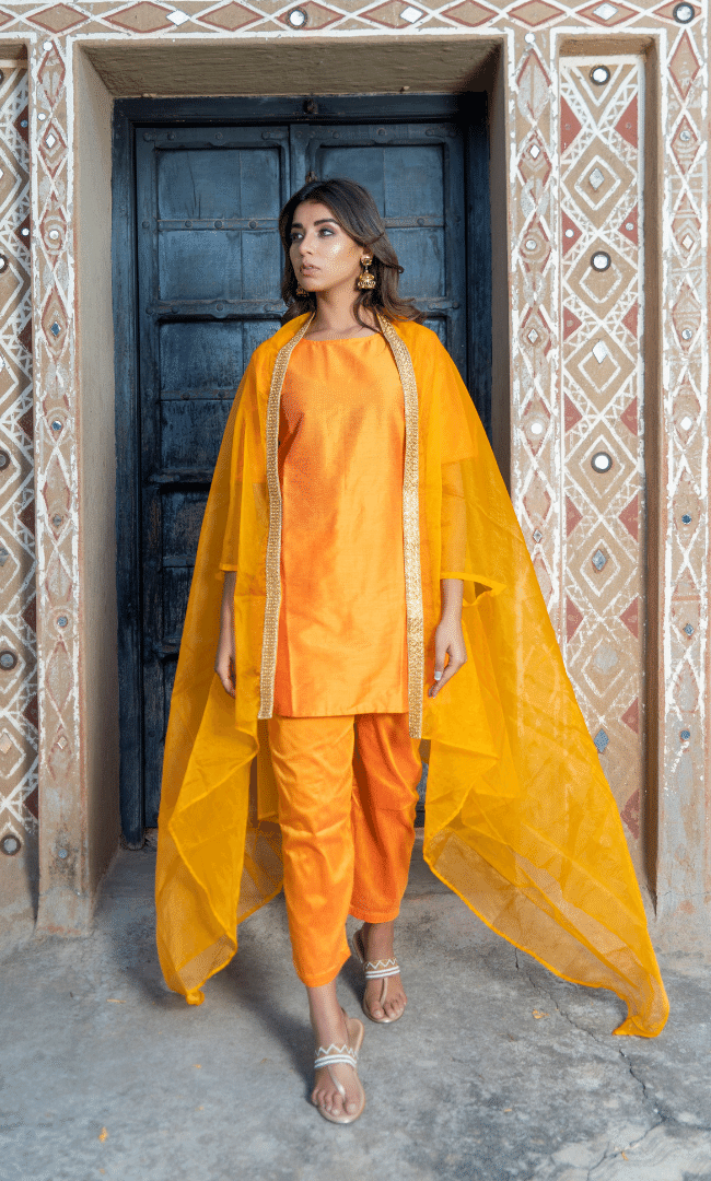 Mustard Short Kurta Pant & Cape 3pc Set