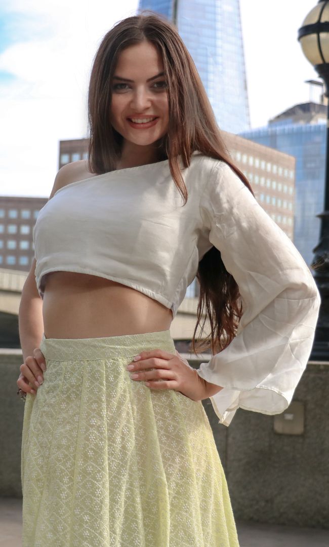 LIGHT YELLOW CHIKANKARI SKIRT WITH CROP TOP SET
