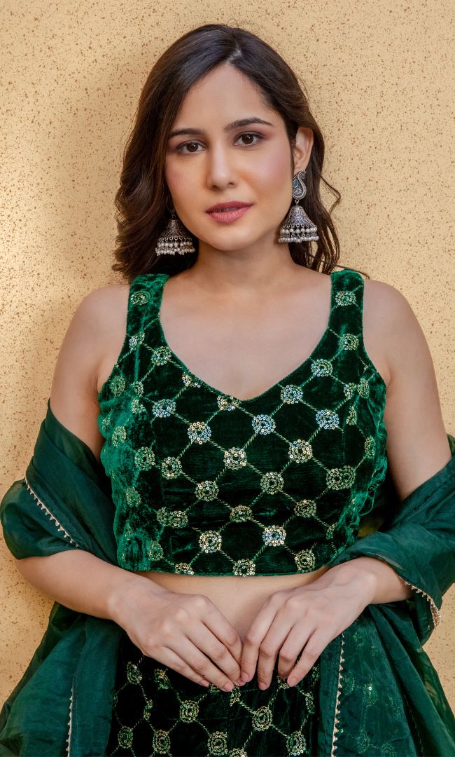 TROPICAL ROUND SEQUENCE VELVET LEHENGA SET