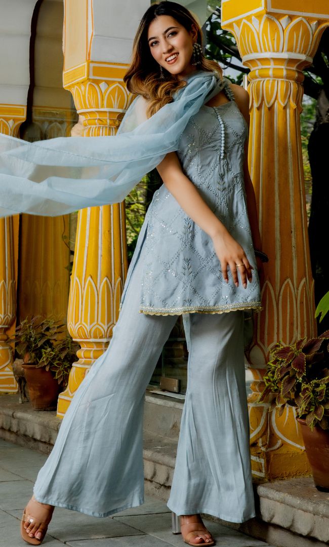 SMOKY GREY SEQUENCE KURTA PALAZZO PANT WITH DUPATTA SET