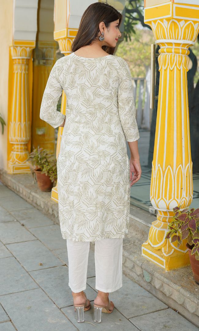 OFF WHITE FERN PETAL PRINTED KURTI