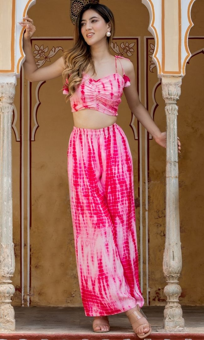 PINK SHIBORI CROP TOP TROUSERS SET