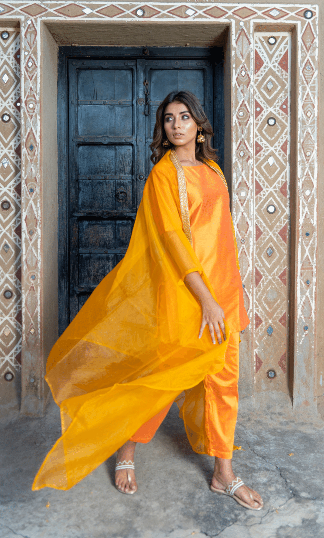 Mustard Short Kurta Pant & Cape 3pc Set