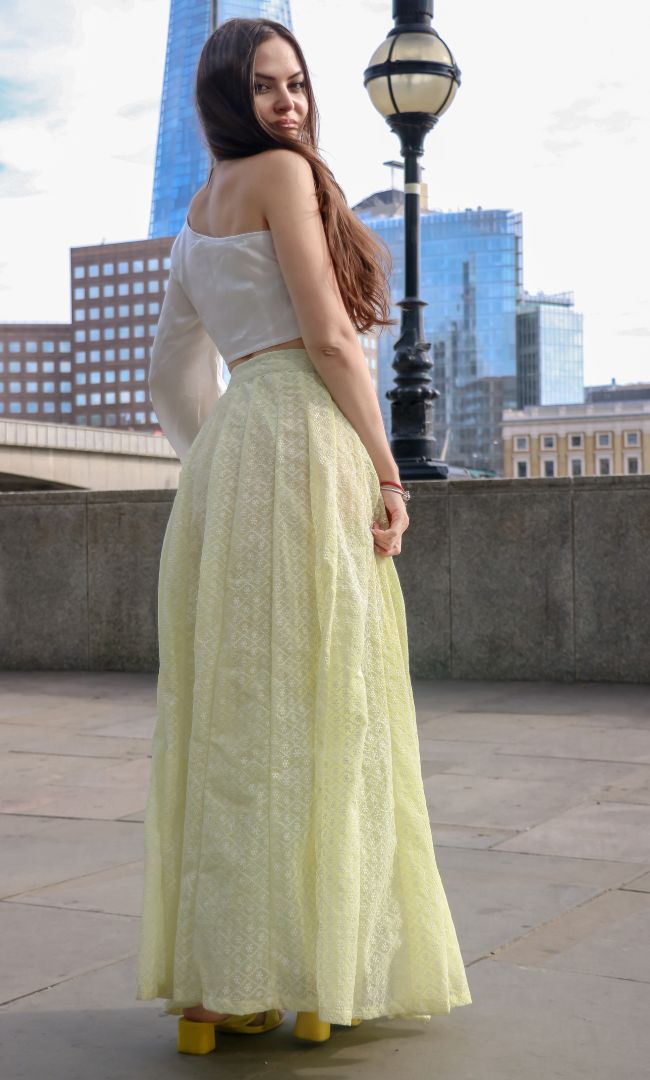 LIGHT YELLOW CHIKANKARI SKIRT WITH CROP TOP SET