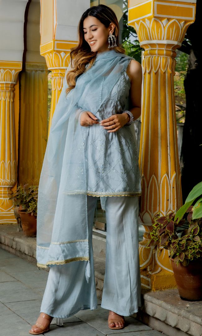 SMOKY GREY SEQUENCE KURTA PALAZZO PANT WITH DUPATTA SET