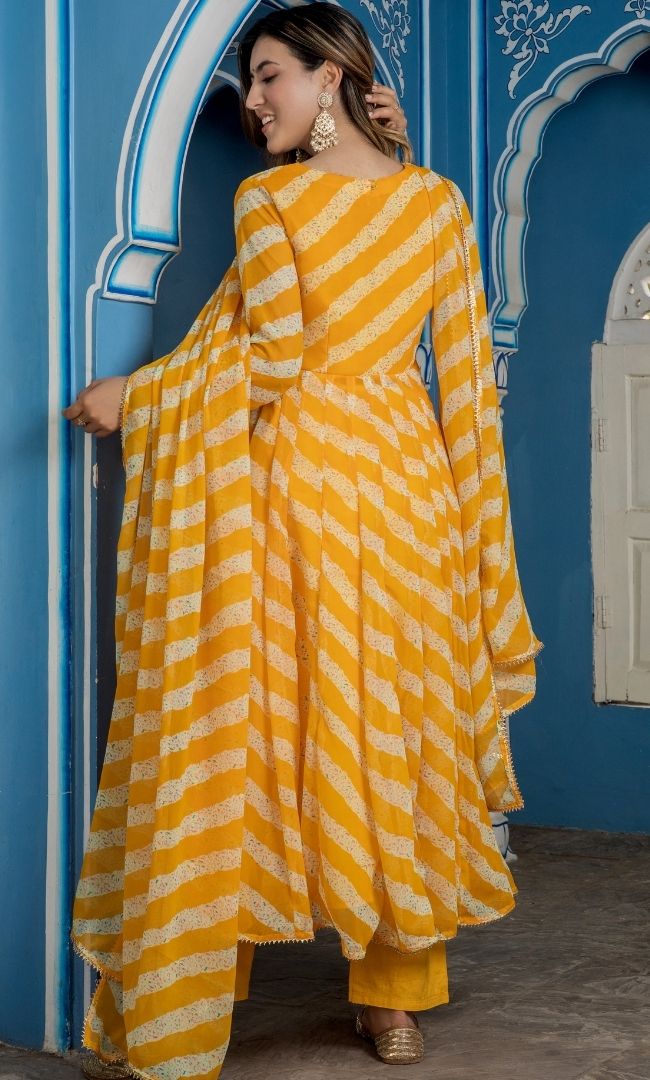 BUMBLE BEE YELLOW LEHERIYA KALIDAR KURTA PANT WITH DUPATTA SET
