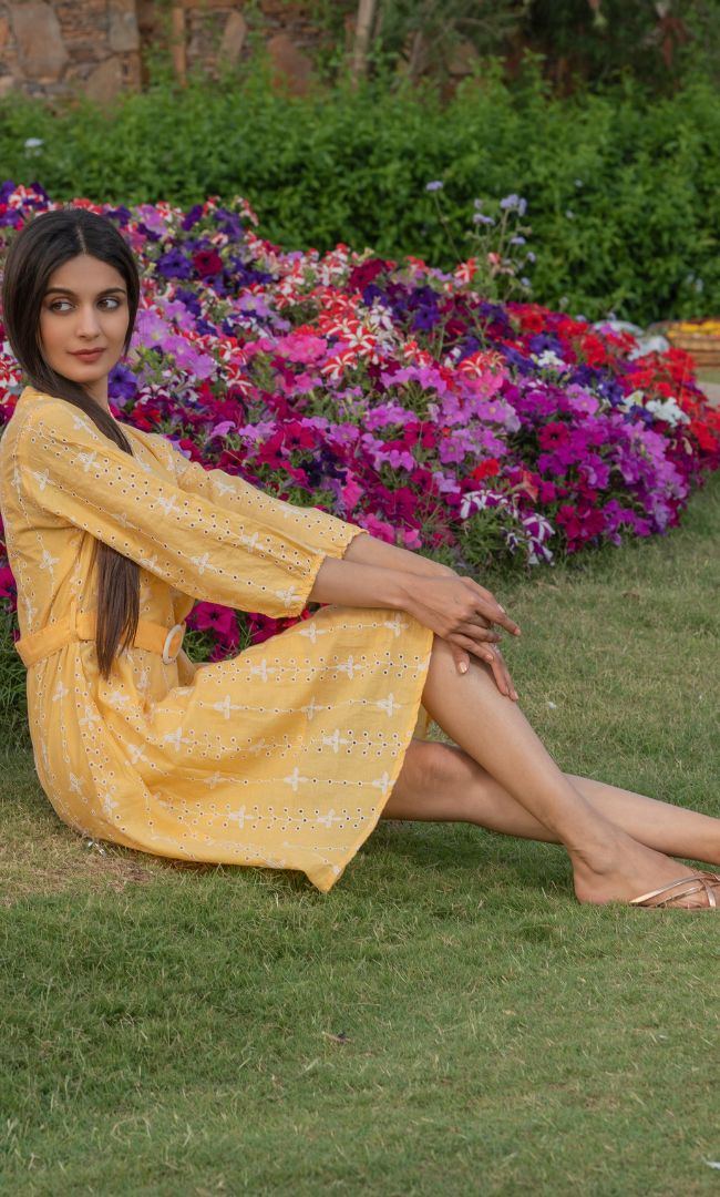 CANARY YELLOW CUT WORK DRESS