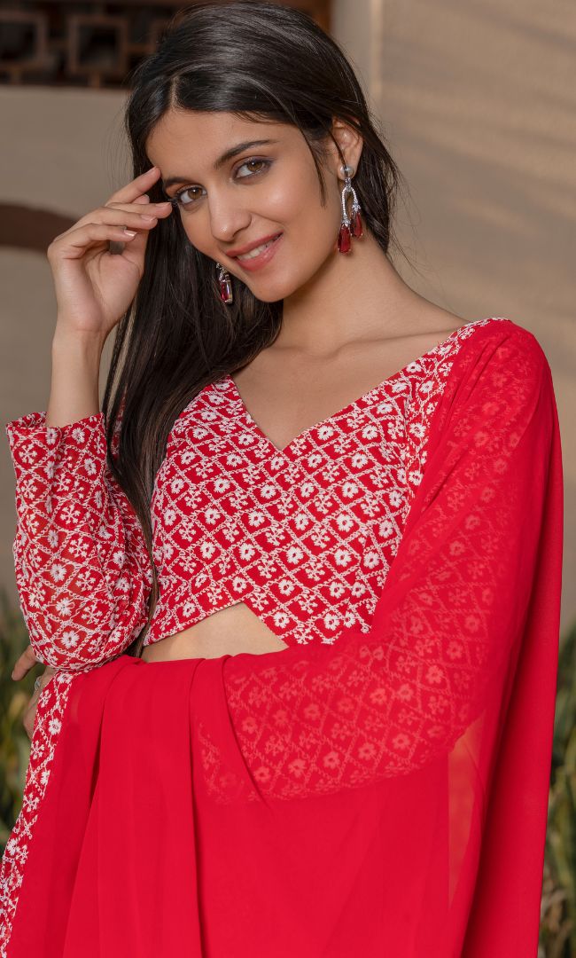 Red Embroidered Lehenga Set