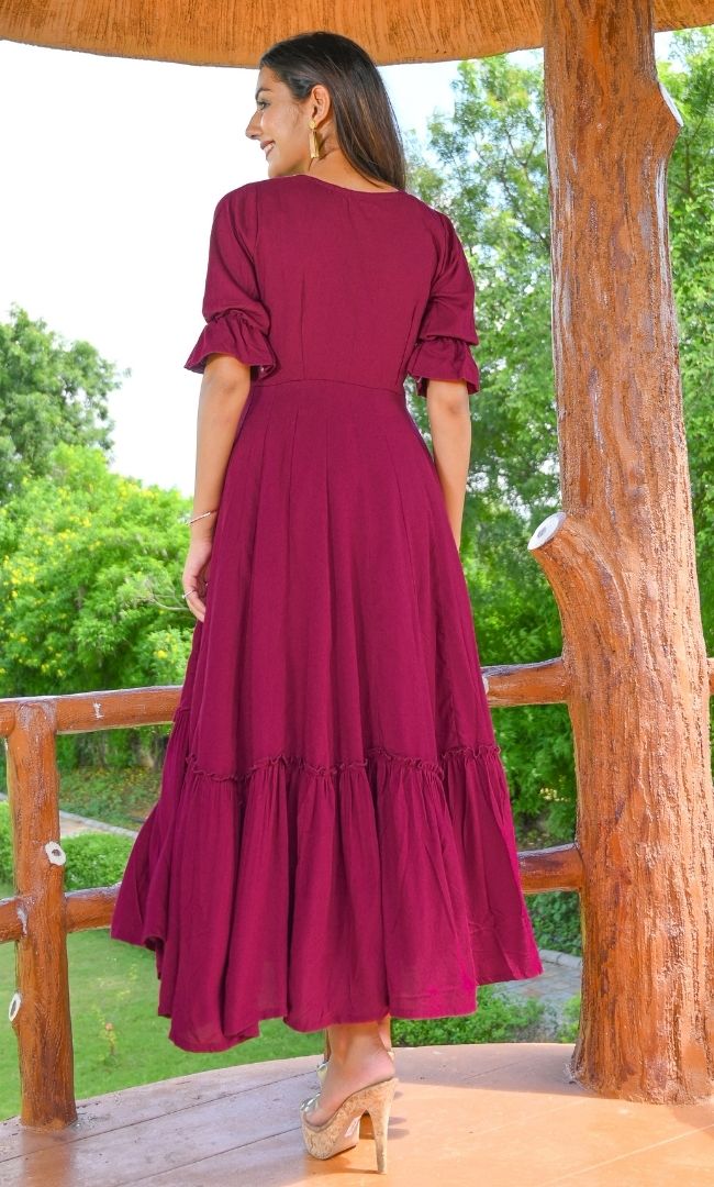 BURGUNDY SLUB FLARED DRESS