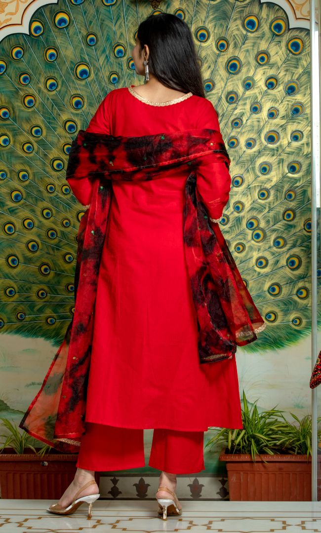 RED COTTON KURTA PANT WITH DUPATTA SET