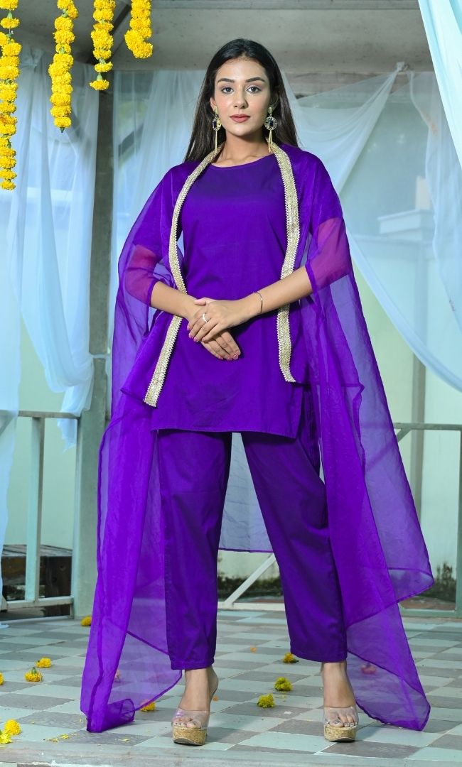 COSMOS PURPLE SHORT KURTA PANT WITH CAPE