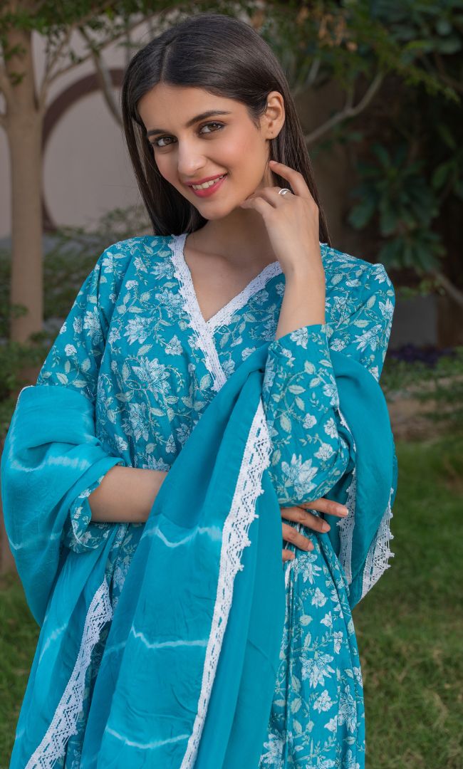 SEA GREEN FLORAL ANGRAKHA SET